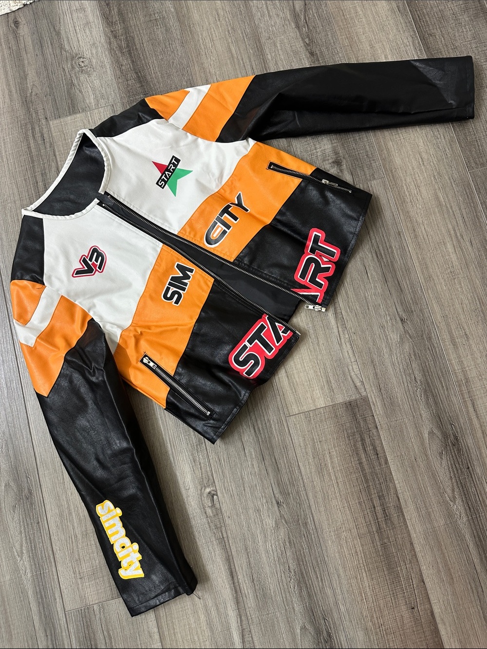 START Racing Style Colorblock Leather Jacket - Black, Orange, White